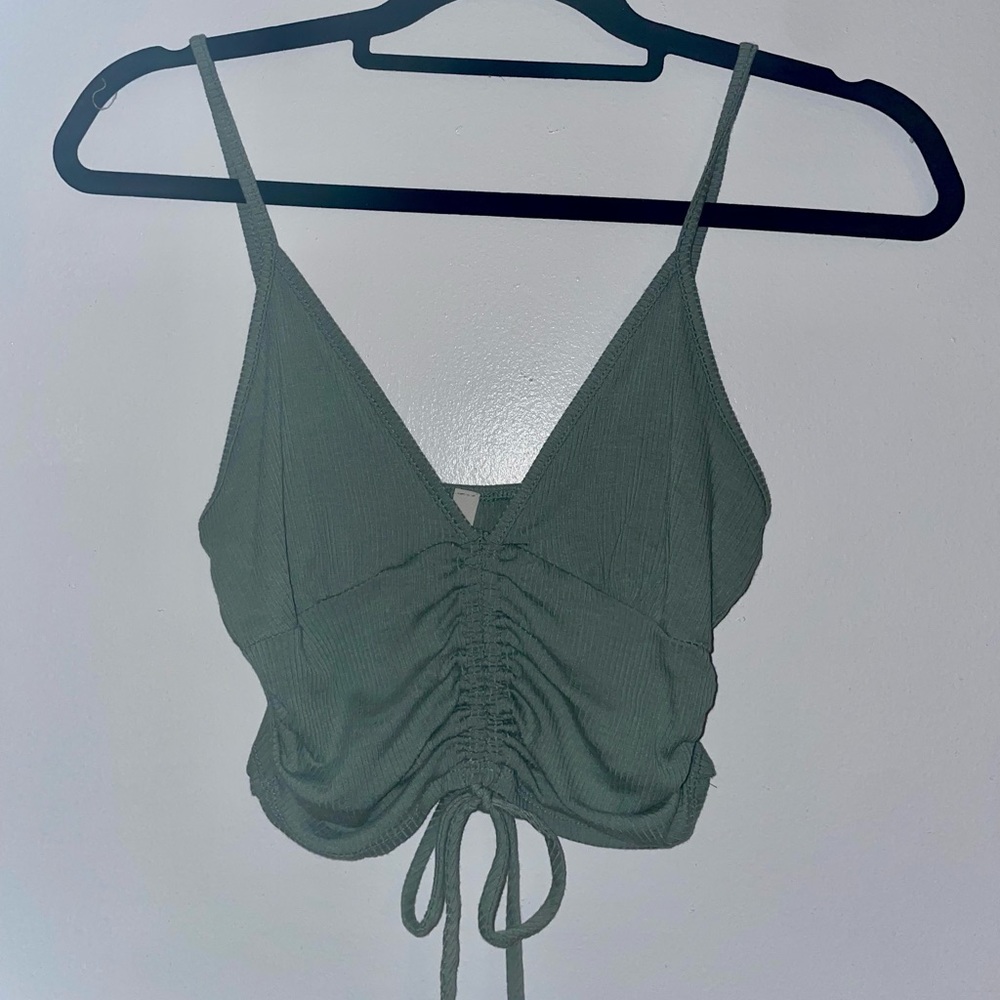 Pale green cinched front tie tank top